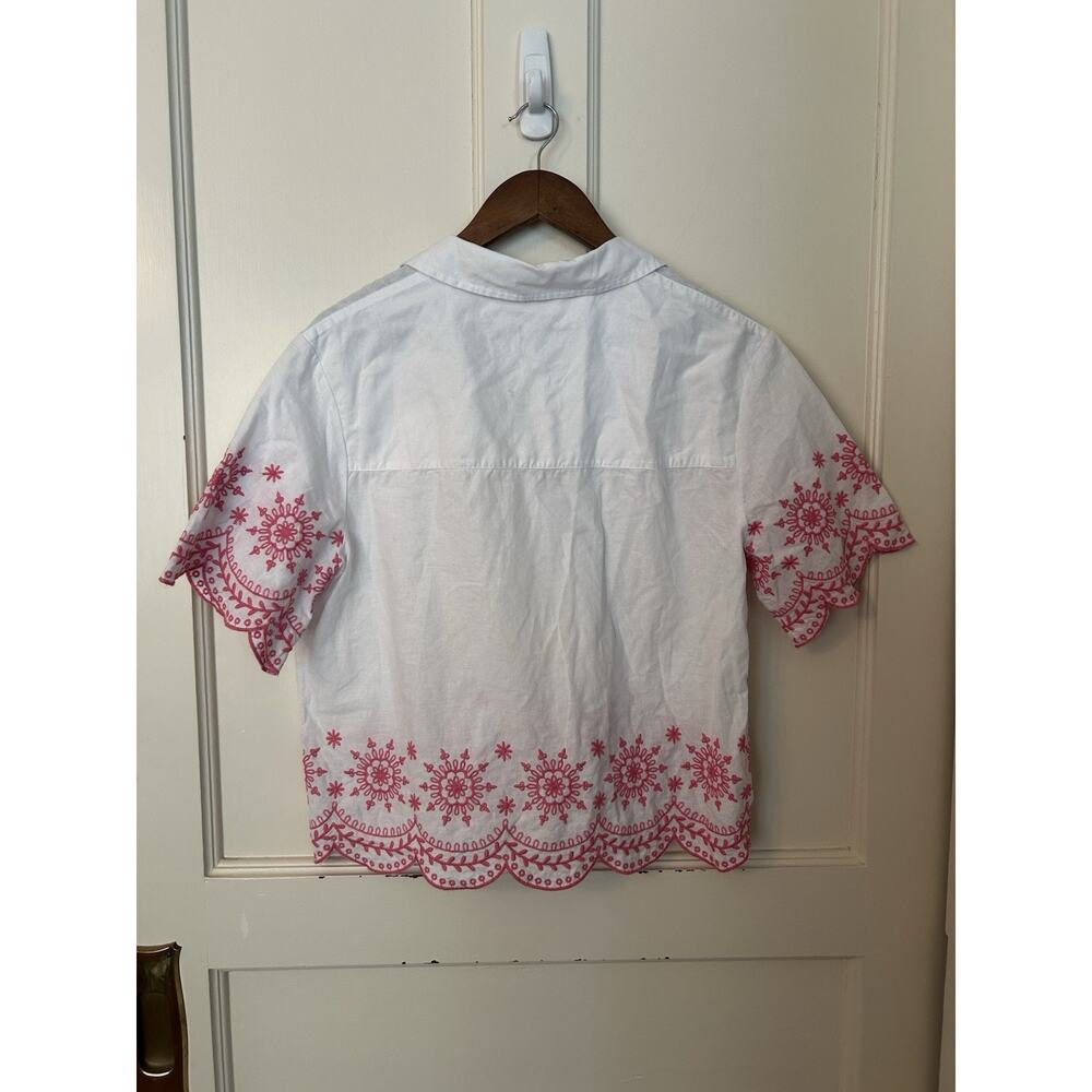 Talbots Embroidered Lightweight Collared Blouse Womens Size Medium White Pink - Picture 2 of 6